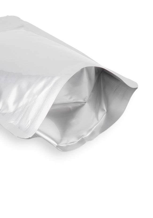 OTTO&ONE grey aluminium stand-up pouch with zip – bottom gusset detail