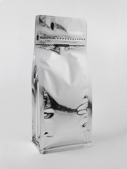 Grey Metallized Flat Bottom Pouch, angled view