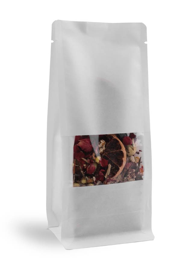 White Kraft Flat Bottom Pouch with Window, angled view