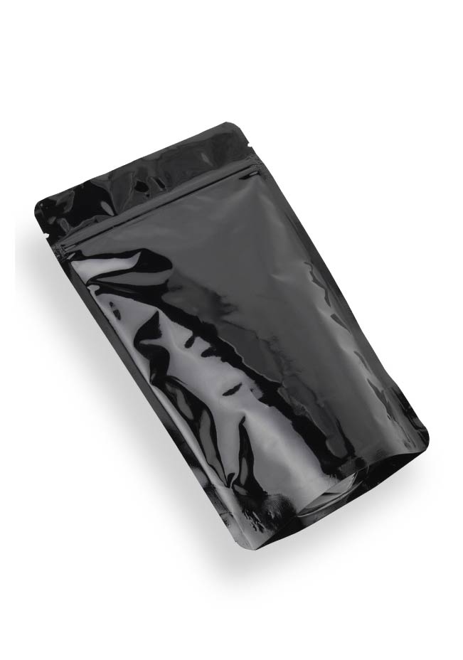 OTTO&ONE black aluminium stand-up pouch with zip – angled view