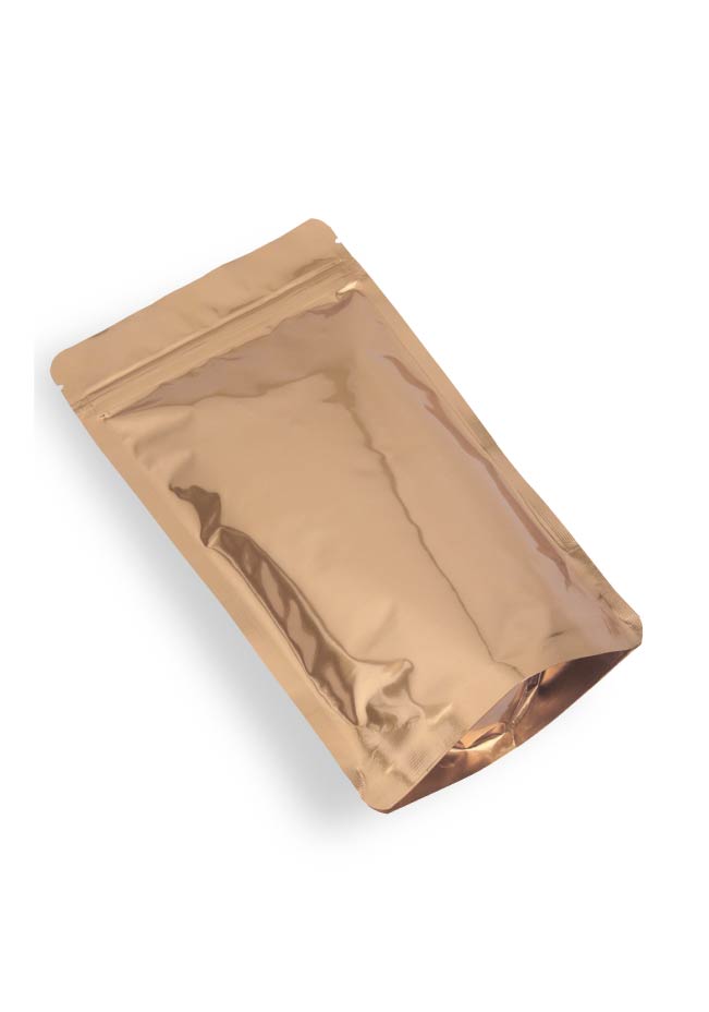 OTTO&ONE gold aluminium stand-up pouch with zip – angled view