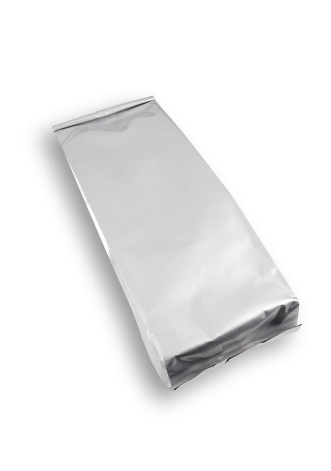 OTTO&ONE grey aluminium gusseted pouch – laid-down angled view