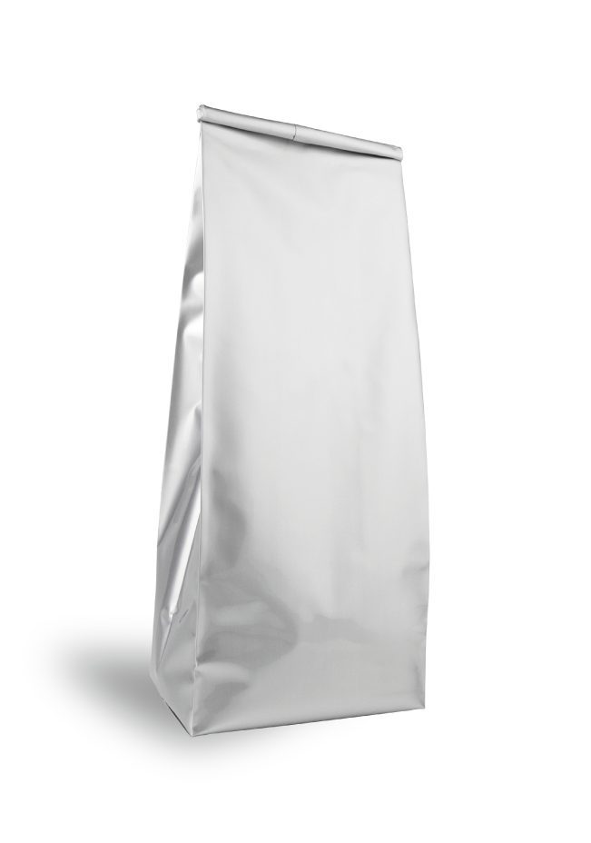 OTTO&ONE grey aluminium gusseted pouch – standing angled view