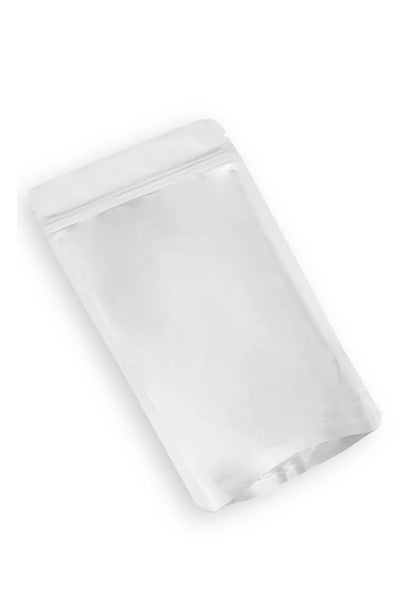 OTTO&ONE grey aluminium stand-up pouch with zip – angled view