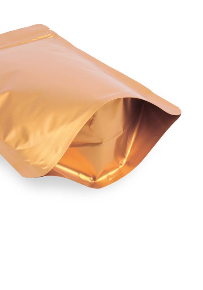 OTTO&ONE matte gold aluminium stand-up pouch with zip – bottom gusset detail