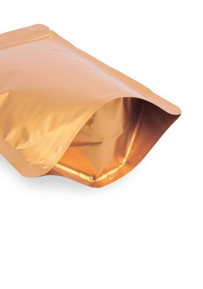 OTTO&ONE matte gold aluminium stand-up pouch with zip – bottom gusset detail