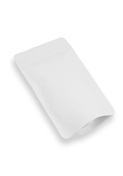 OTTO&ONE matte white aluminium stand-up pouch with zip – angled view