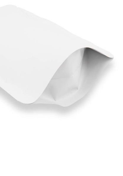 OTTO&ONE matte white aluminium stand-up pouch with zip – bottom gusset detail
