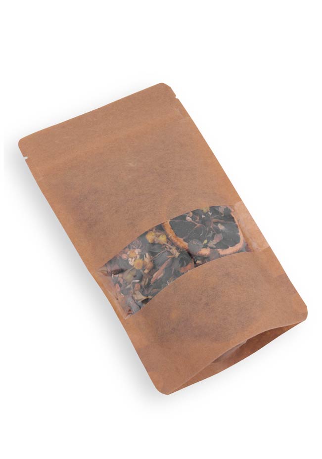 OTTO&ONE kraft stand-up pouch with small rectangular window and zip – angled view