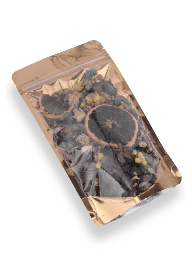 OTTO&ONE transparent gold metallized stand-up pouch with zip – angled view