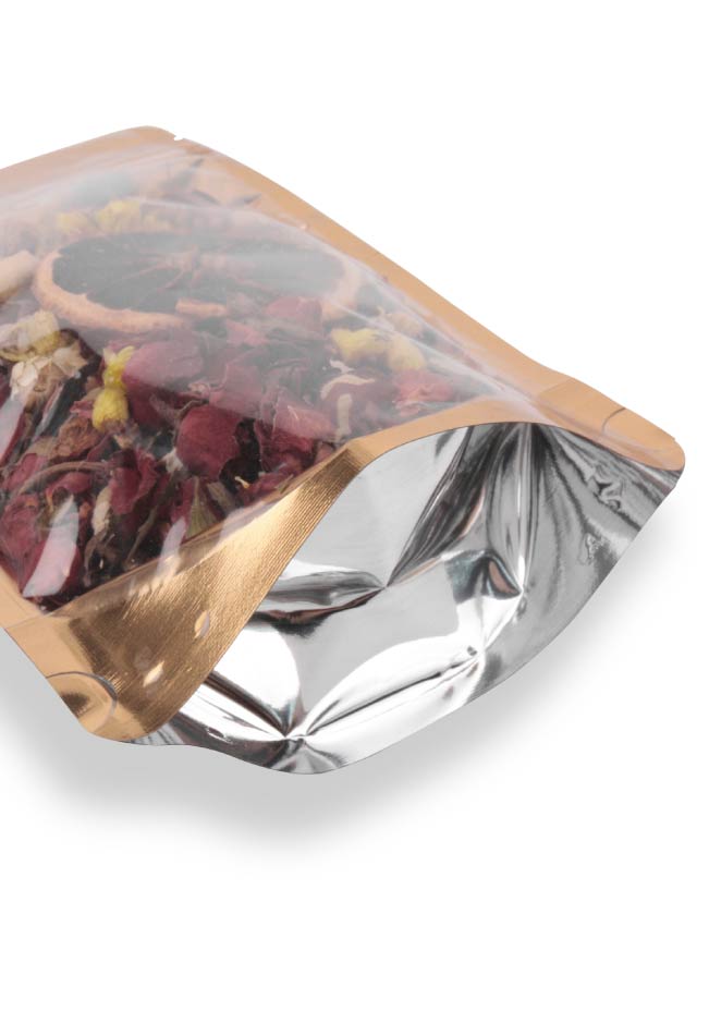 OTTO&ONE transparent gold metallized stand-up pouch with zip – bottom gusset detail