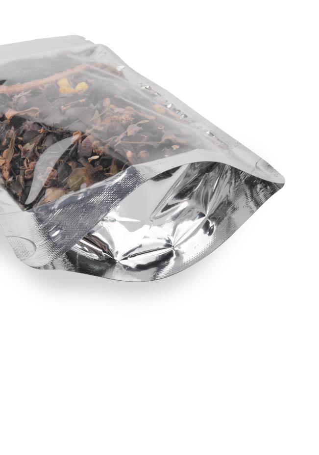 OTTO&ONE transparent metallized stand-up pouch with zip – bottom gusset detail