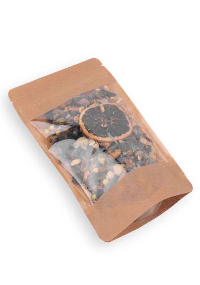 OTTO&ONE windowed kraft stand-up pouch with zip – angled view
