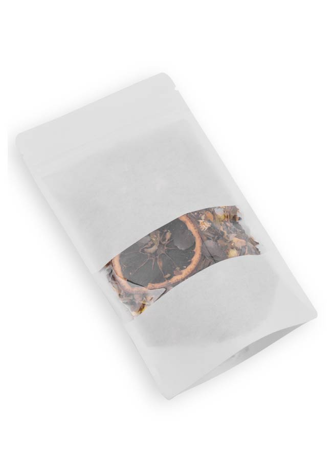 OTTO&ONE windowed white kraft stand-up pouch with zip – angled view