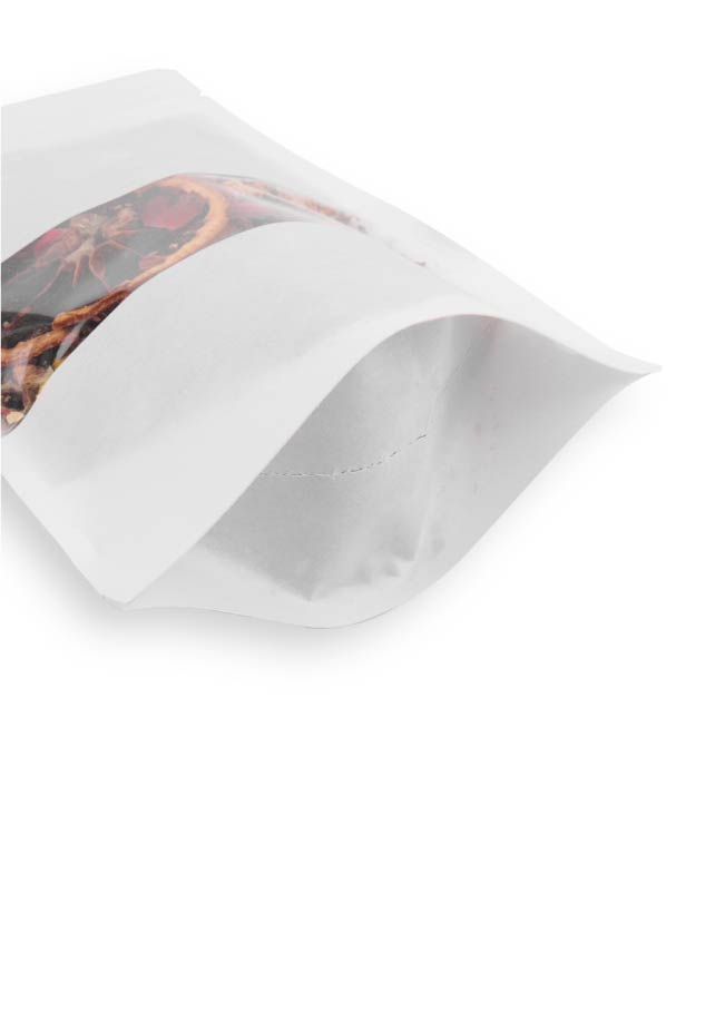 OTTO&ONE windowed white kraft stand-up pouch with zip – bottom gusset detail